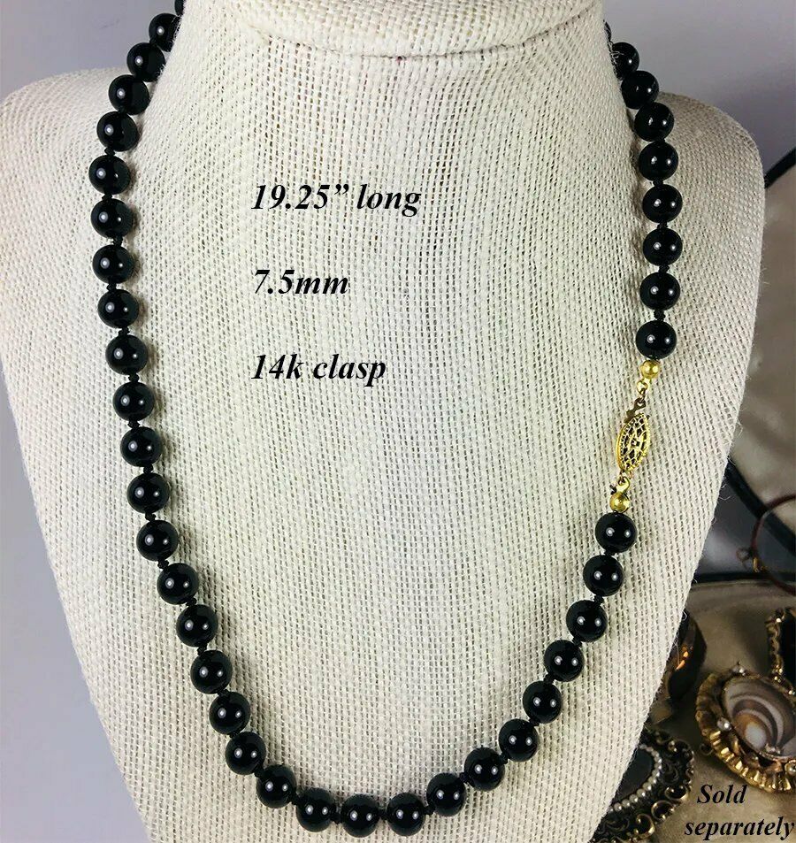 Vintage Hand Knotted 7.5mm Jet Bead Necklace, 14k Clasp, 19.25" Long