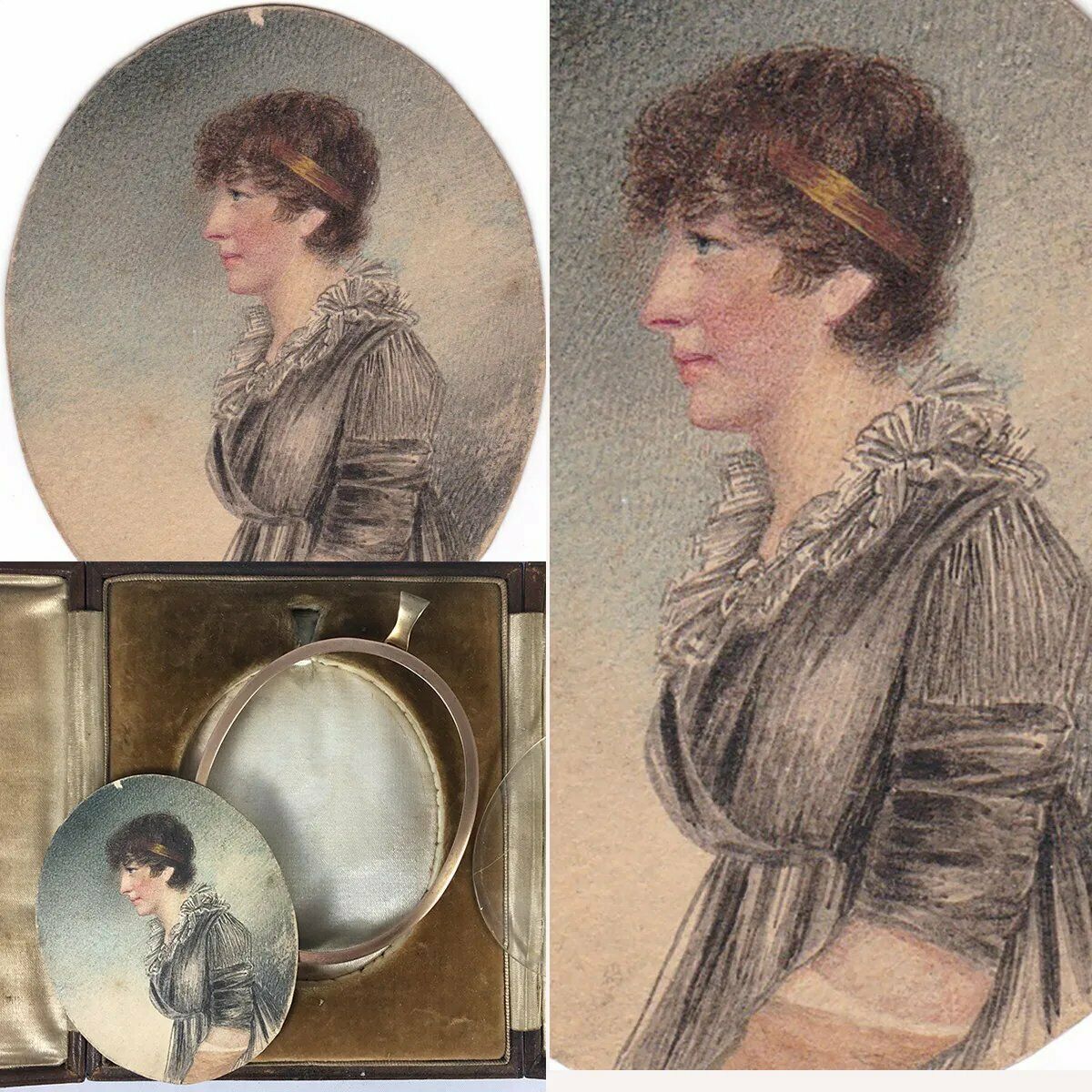 Antique Edwardian Portrait Miniature, Pastels, Pen and Ink Profile Lady in Frame