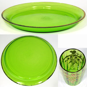 Antique Moser Green Glass 7pc Punch or Lemonade Service, Gold Enamel, 12.5" Tray
