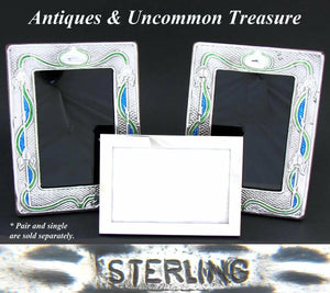 Antique Art Nouveau Matched PAIR of Sterling Silver & Enamel 7.5" Picture Frames