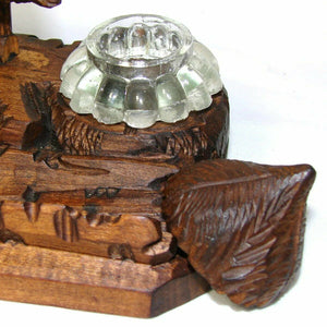 Antique Black Forest Carved Wood Inkwell, Bear Figure with Log Pen Holder, Stand
