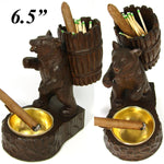 Antique Black Forest Carved Smoker's Stand, Hiking Bear with Pack, Brass Ashtray