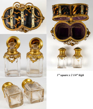 Antique French Scent Caddy, 2 Kiln-fired Enamel Perfume Flasks, Faux Tortoise