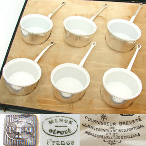 Antique French Palais Royal Marked 6pc SP & Porcelain Ramekin Set, Orig. Box