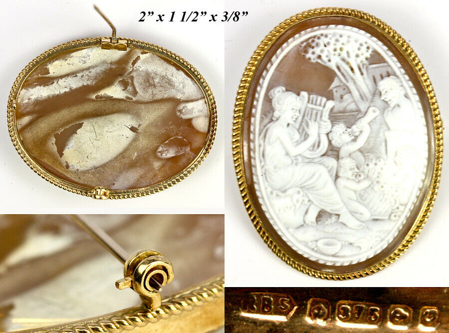 Large Hand Carved Antique Cameo, Psyche and Cupid, 9k Gold Mount - English Marks