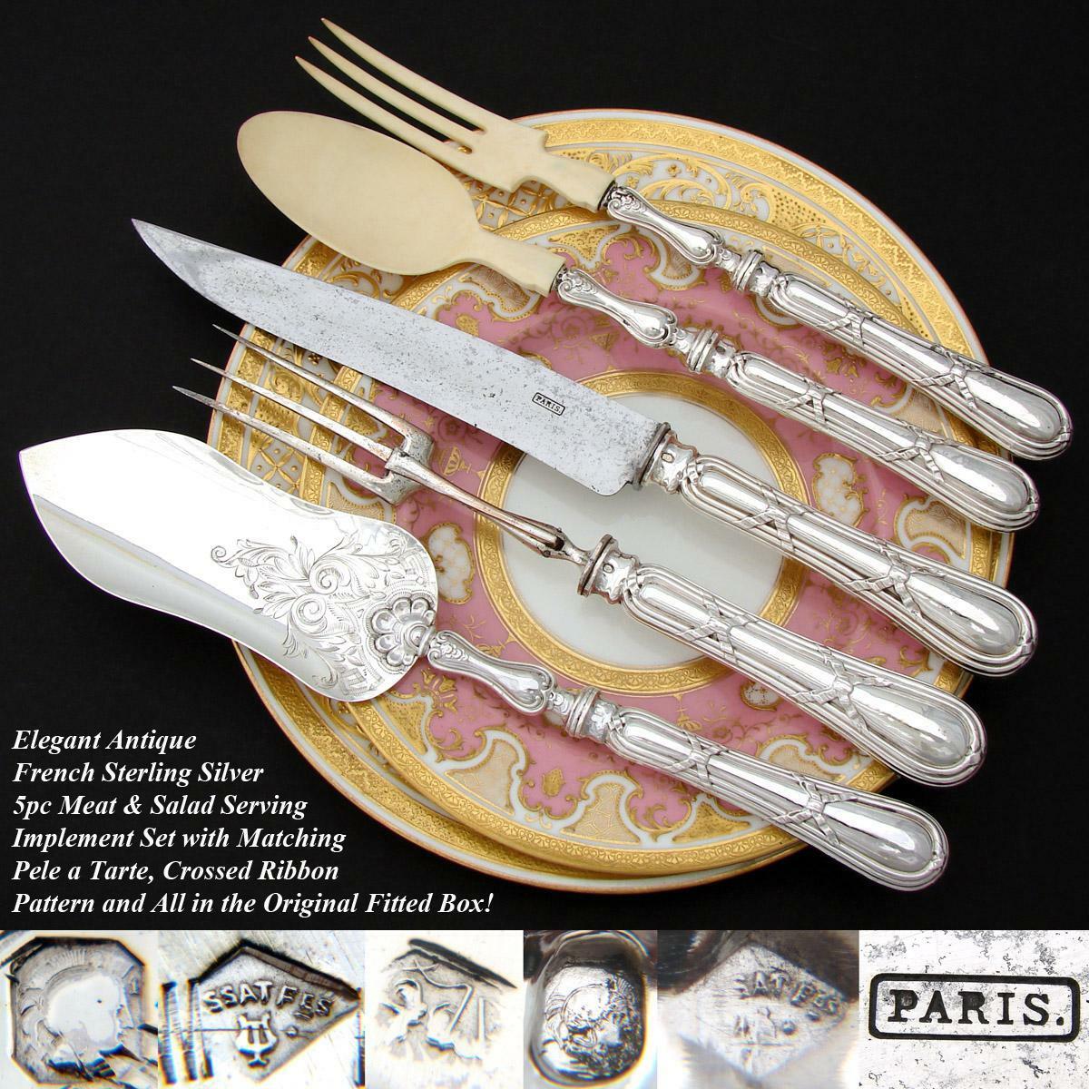 Antique French Sterling Silver 5pc Meat, Salad & Fish Serving Utensil Set, Box