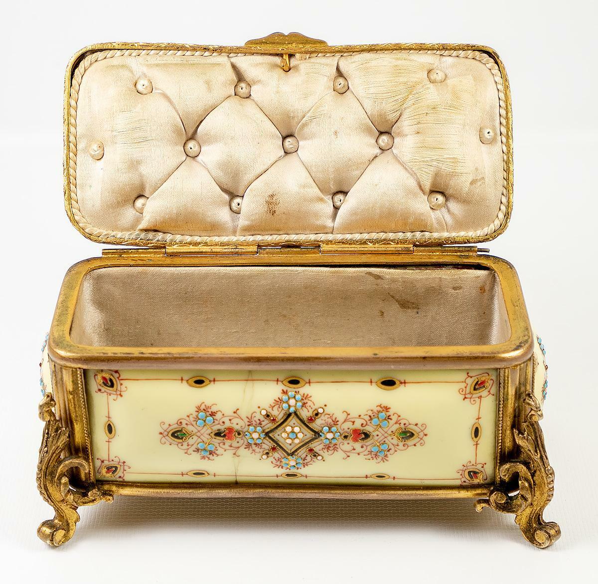 Antique French Kiln-fired Enamel 5.5" Jewelry Box, Casket, Pale Yellow, Bressen