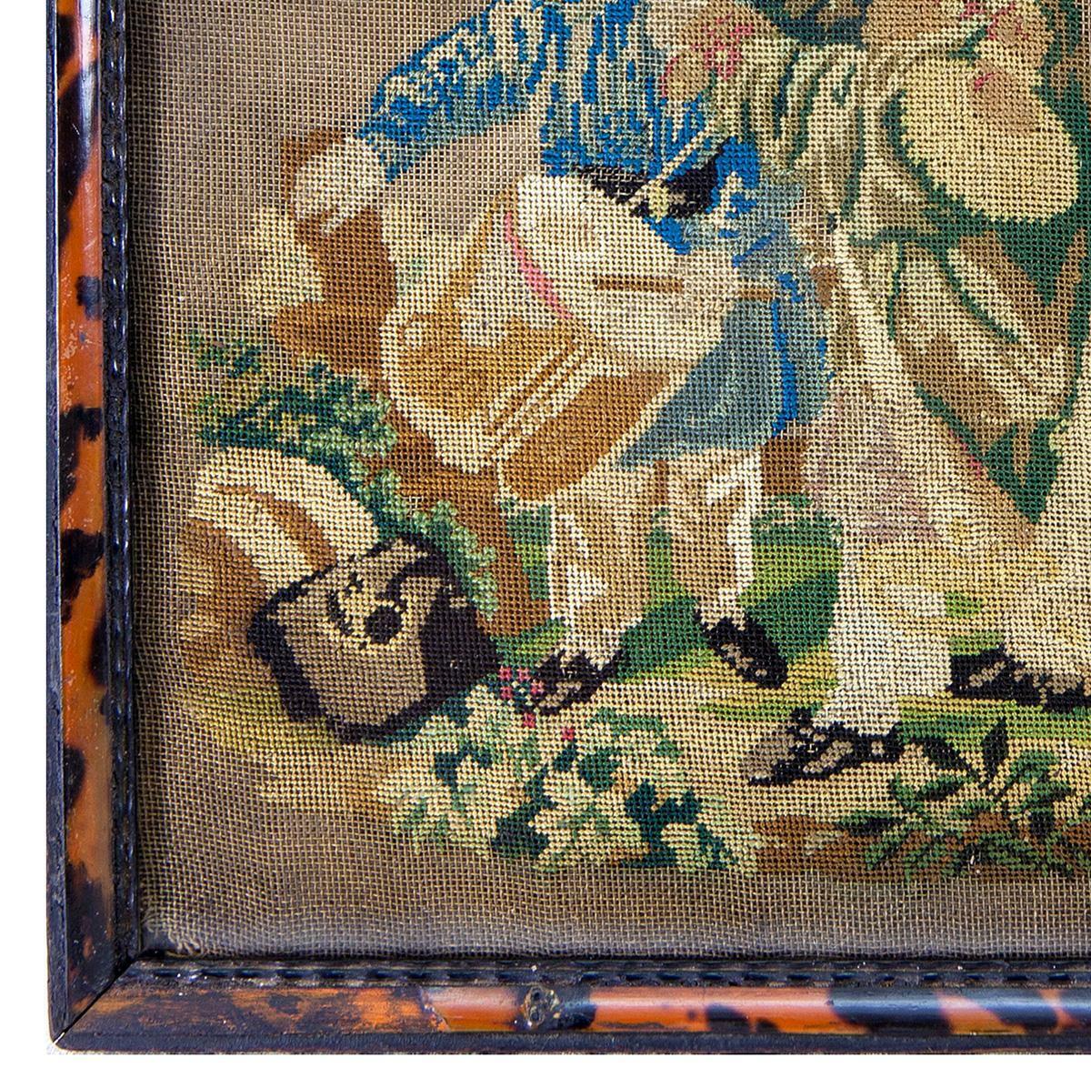 Antique Petitpoint Needlepoint Tapestry Sampler, Boys Playing Soldier Rare Tortoise Shell Frame