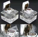 HUGE Antique Brilliant Cut Crystal & Sterling Silver Inkwell PAIR, Boar Heraldry