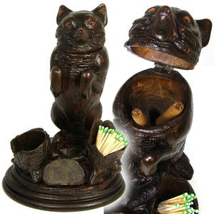 Rare Antique Victorian Era Black Forest Carved 9 1/4" Smoker's Stand, FOX Figure