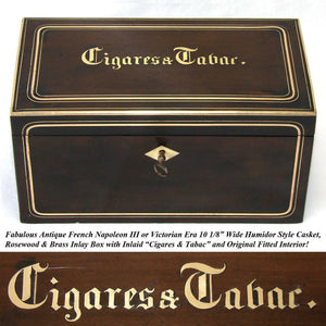 Antique French Napoleon III Era 10" Tobacco & Cigars Box, Casket: Walnut & Brass