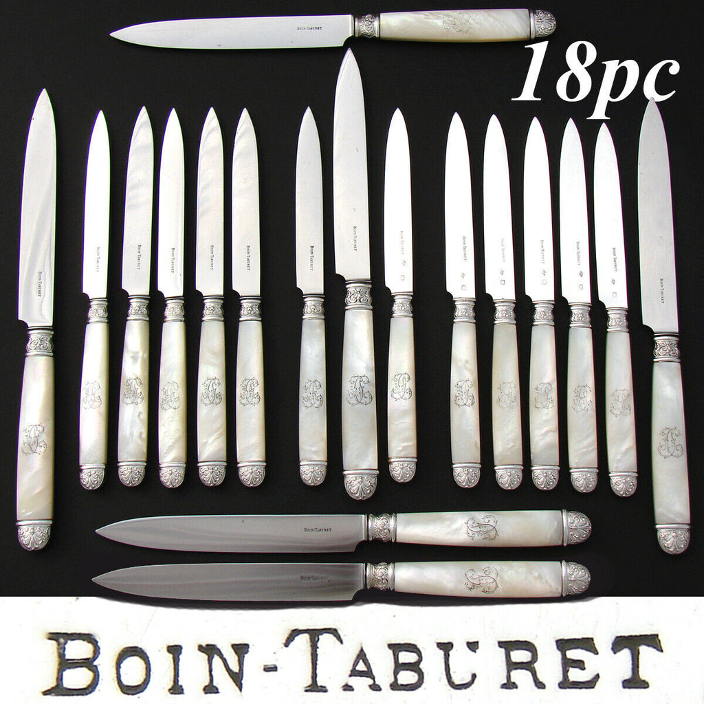 Antique French Napoleon III 18pc Mother of Pearl & Sterling Silver Knife Set