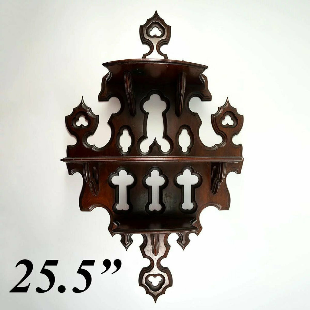 Antique French 25.5" Tall Wall Shelf, 3-Tier Display, Beveled Carved Wood