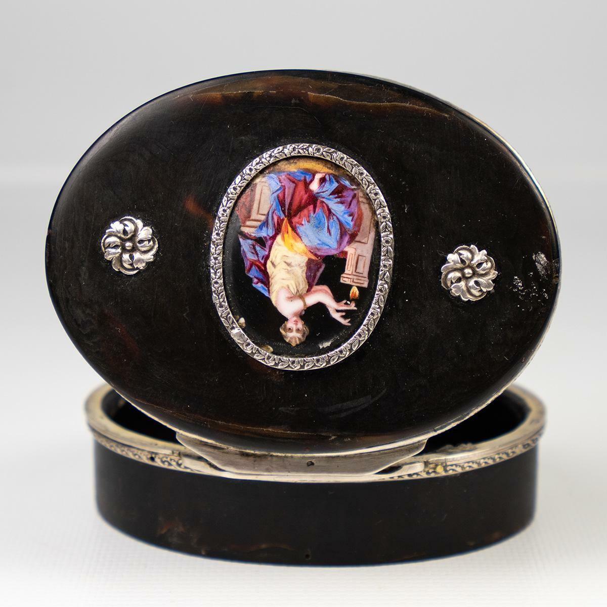 Fine Antique French 3" Oval Table Snuff Box, Bonbon, Kiln-fired Enamel Portrait