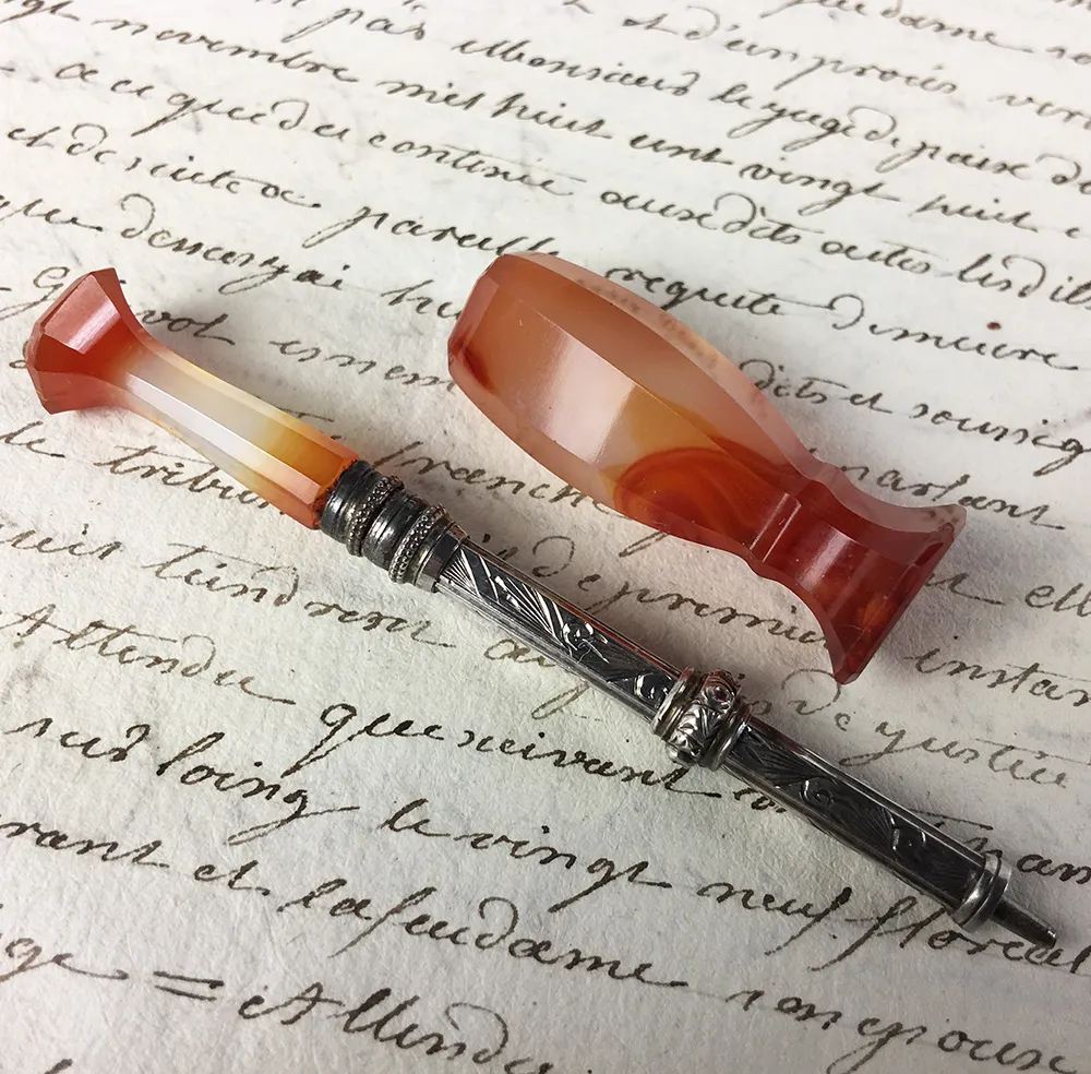 Antique Agate and Sterling Silver Stylus, Retracting Pencil and Sceau, Wax Seal
