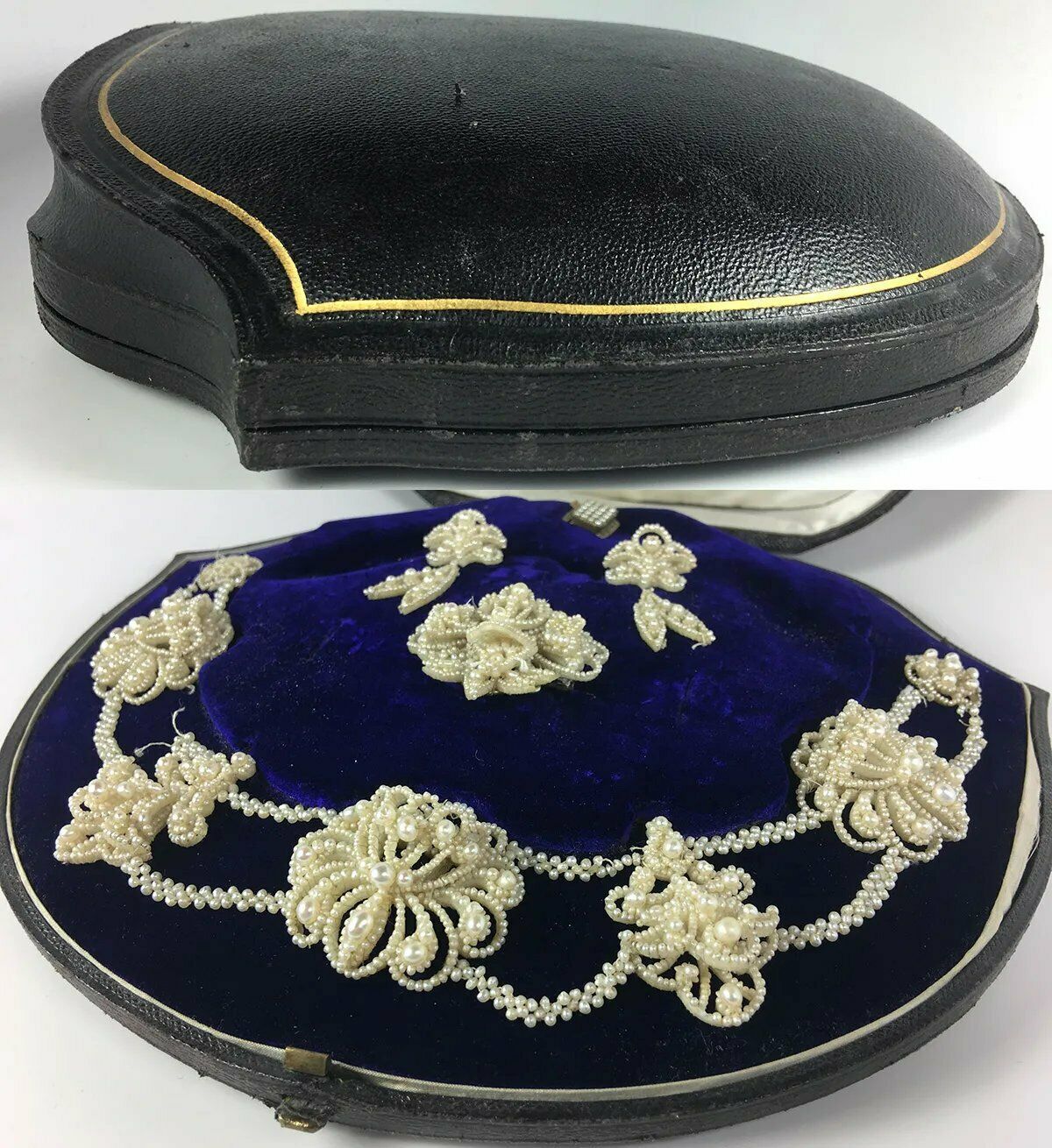 Antique Georgian to Early Victorian 18k Seed Pearl Parure, Box, Necklace, Brooch