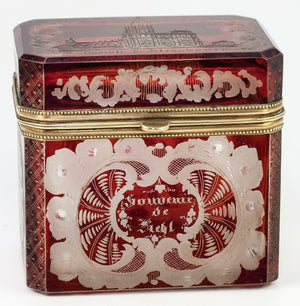 Antique Sugar Caddy Casket, Box: Bohemian or Egermann Spa Glass Souvenir, Gothic