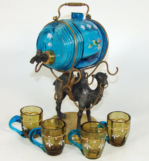 Antique French Napoleon III Liqueur Decanter, Enamel Liquor Barrel & Cups: Camel