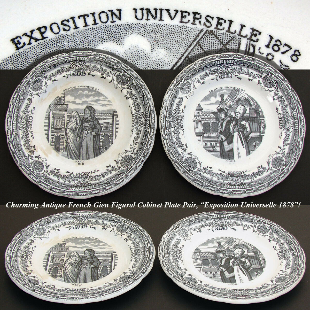 Antique French Cabinet Plate Pair, Souvenirs of “Exposition Universelle 1878"