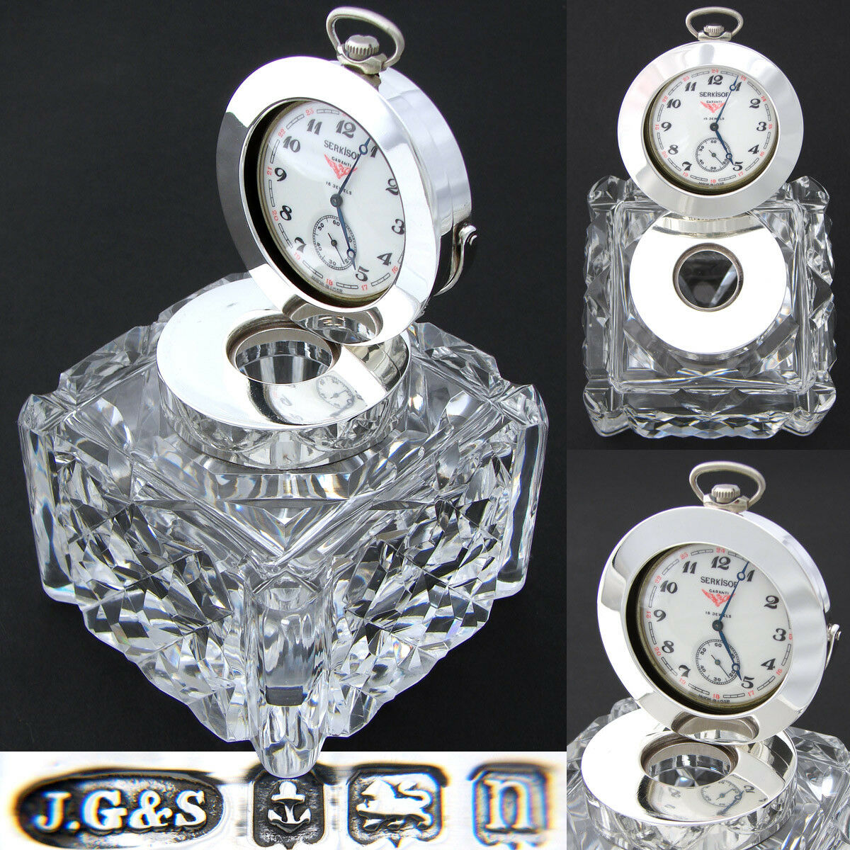 Antique Brilliant Cut Crystal & Sterling Silver 3.5" Inkwell, Pocket Watch Displ