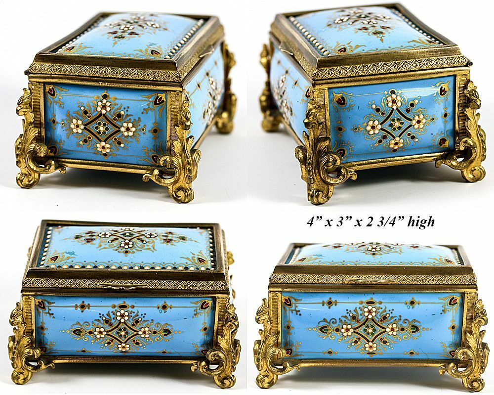 Celeste Blue! Antique TAHAN, Paris, French Kiln-fired Enamel Jewelry Casket, Box