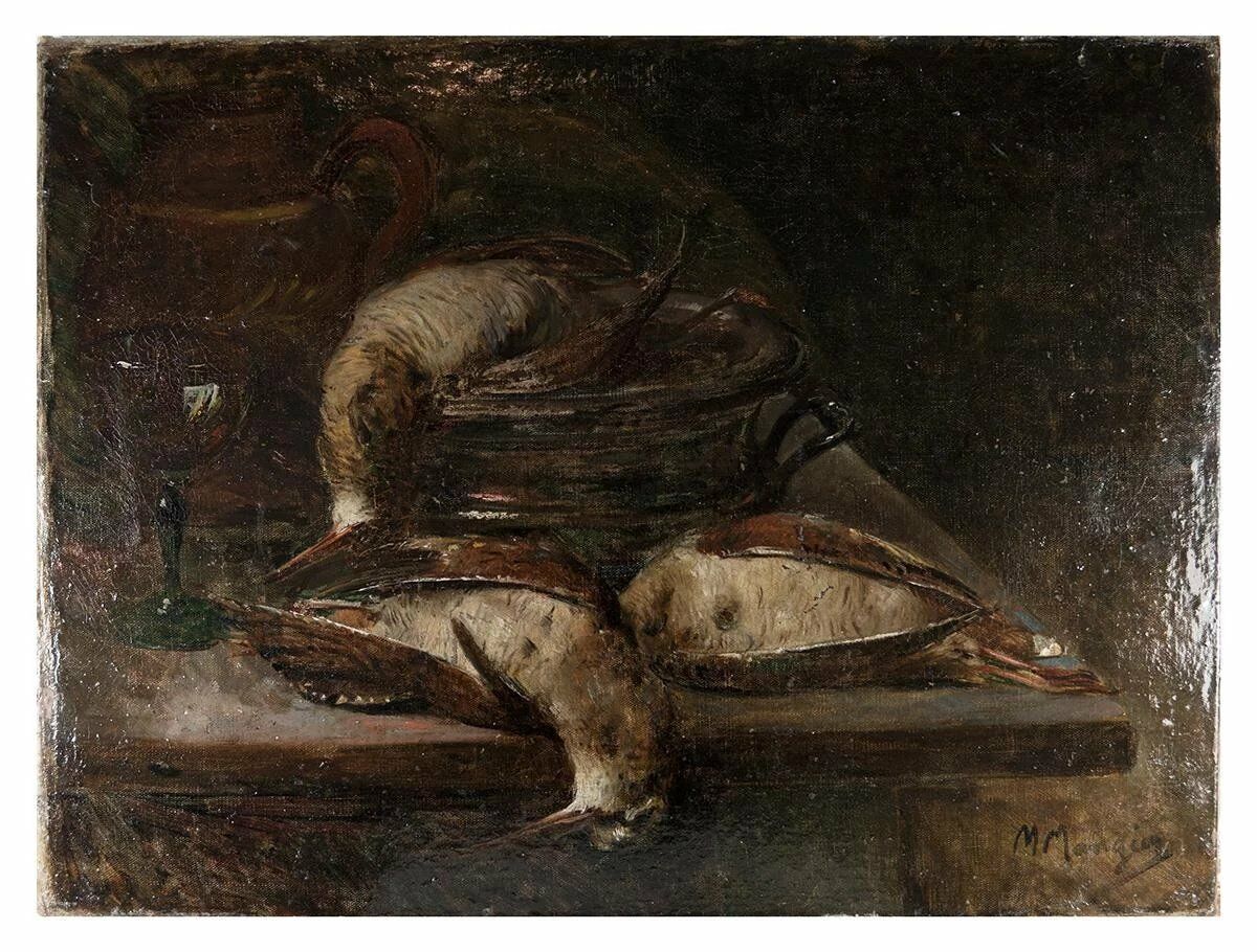 Superb 19th c. Antique French Oil Painting, Nature Morte Still Life with Birds