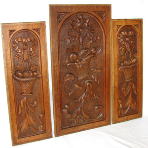 Fab Antique Country French Style Carved Oak Panels, 3pc, Bows, Ribbons & Baskets