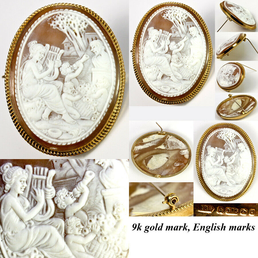 Large Hand Carved Antique Cameo, Psyche and Cupid, 9k Gold Mount - English Marks