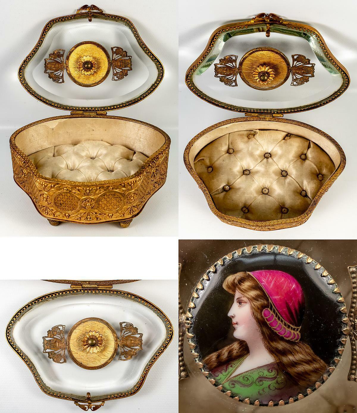 Antique French Jewelry Casket, Box, Glass Top, Kiln-fired Portrait of St. Helen