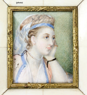 Antique Hand Painted Portrait Miniature in Fab Frame, Exotic Costumed Lady