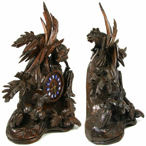 Museum Antique HC Black Forest Mantel Clock, 18.75" Tall, Japy Freres, Fox, Hens