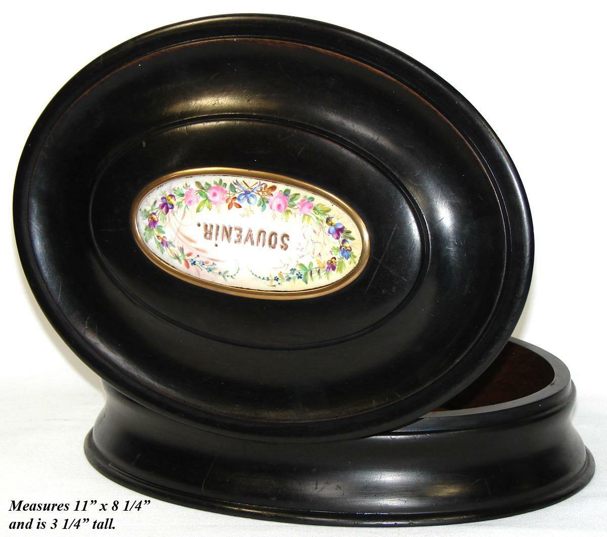 Antique Victorian Era 11" Oval Jewelry Casket, Ebonized, HP Porcelain "Souvenir"