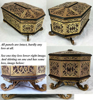 Antique French Boulle Jewelry Box, Casket, 10.25" Octagonal Brass on Walnut