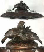 Antique Black Forest Carved Double Inkwell, Desk Stand, Box, 13.5" with 2 Birds