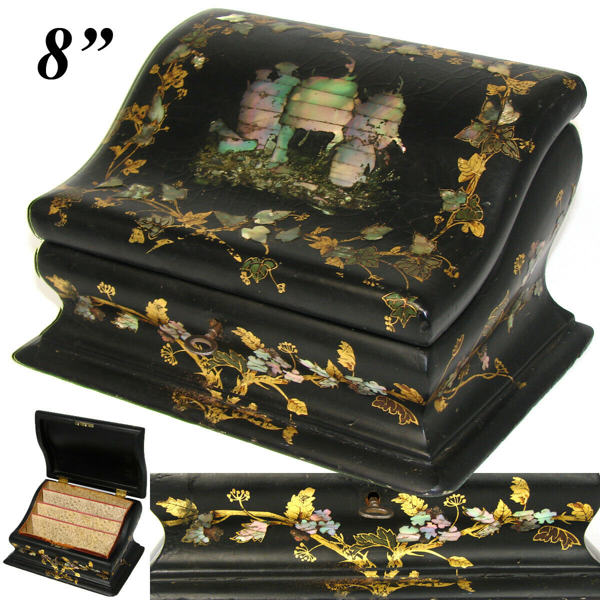 Lovely Antique Victorian Era Papier Mache Stationery Box, Writer's Casket, Chest