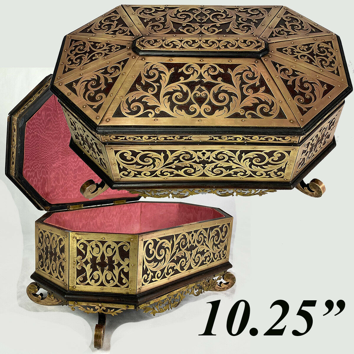 Antique French Boulle Jewelry Box, Casket, 10.25" Octagonal Brass on Walnut