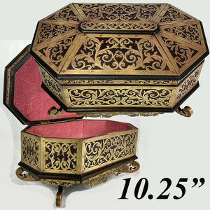 Antique French Boulle Jewelry Box, Casket, 10.25" Octagonal Brass on Walnut