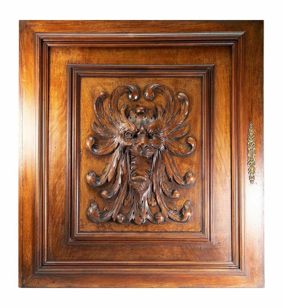 PAIR (2) Antique HC Oak French Cabinet Doors, Figural Lion Head, Each 26" x 23"