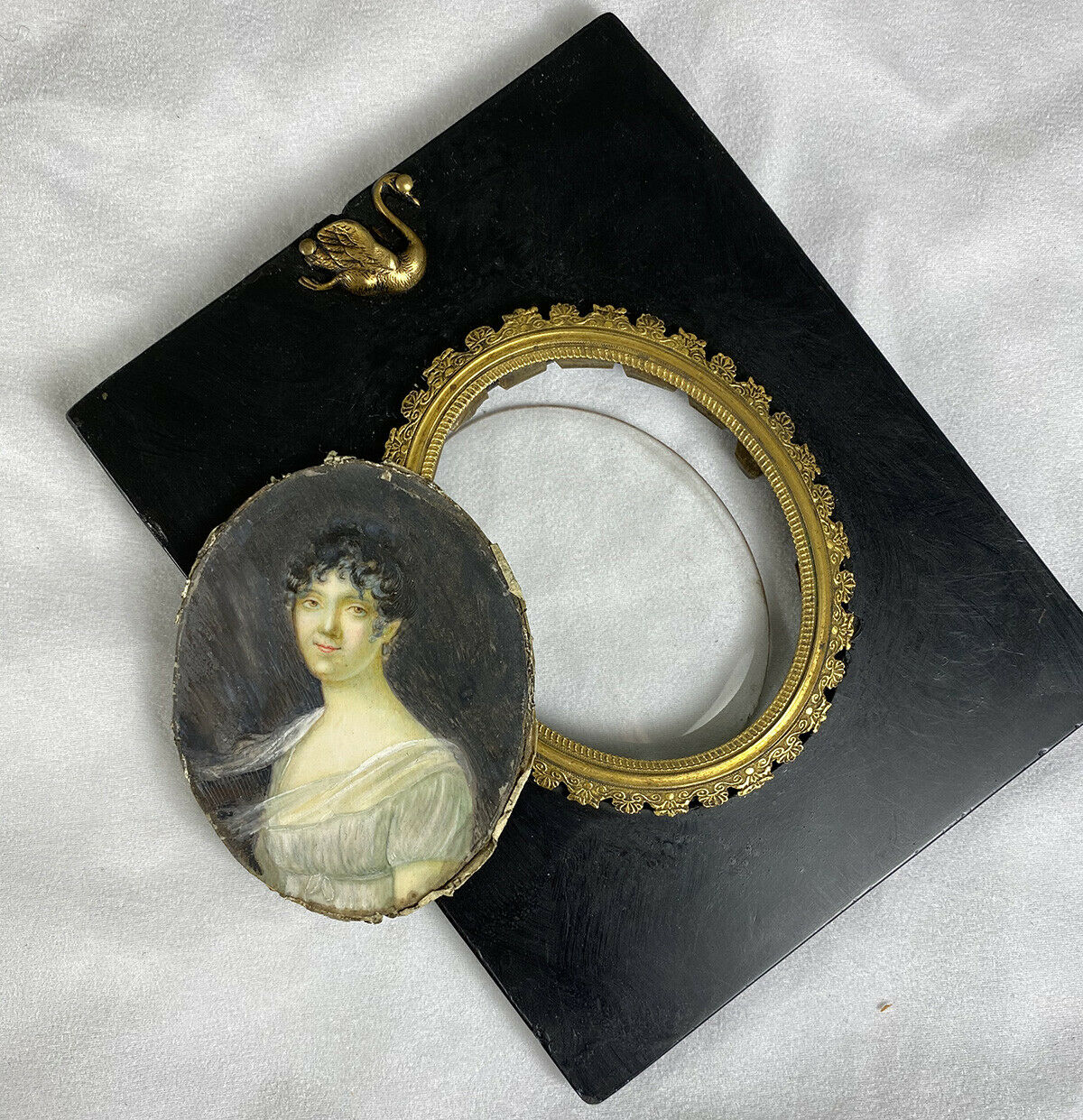 Antique French Empire Portrait Miniature, Beautiful Young Woman, Swan Frame