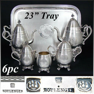 Rare Antique French Hallmarked SP 6pc Coffee & Tea Set, Service with 23" Tray