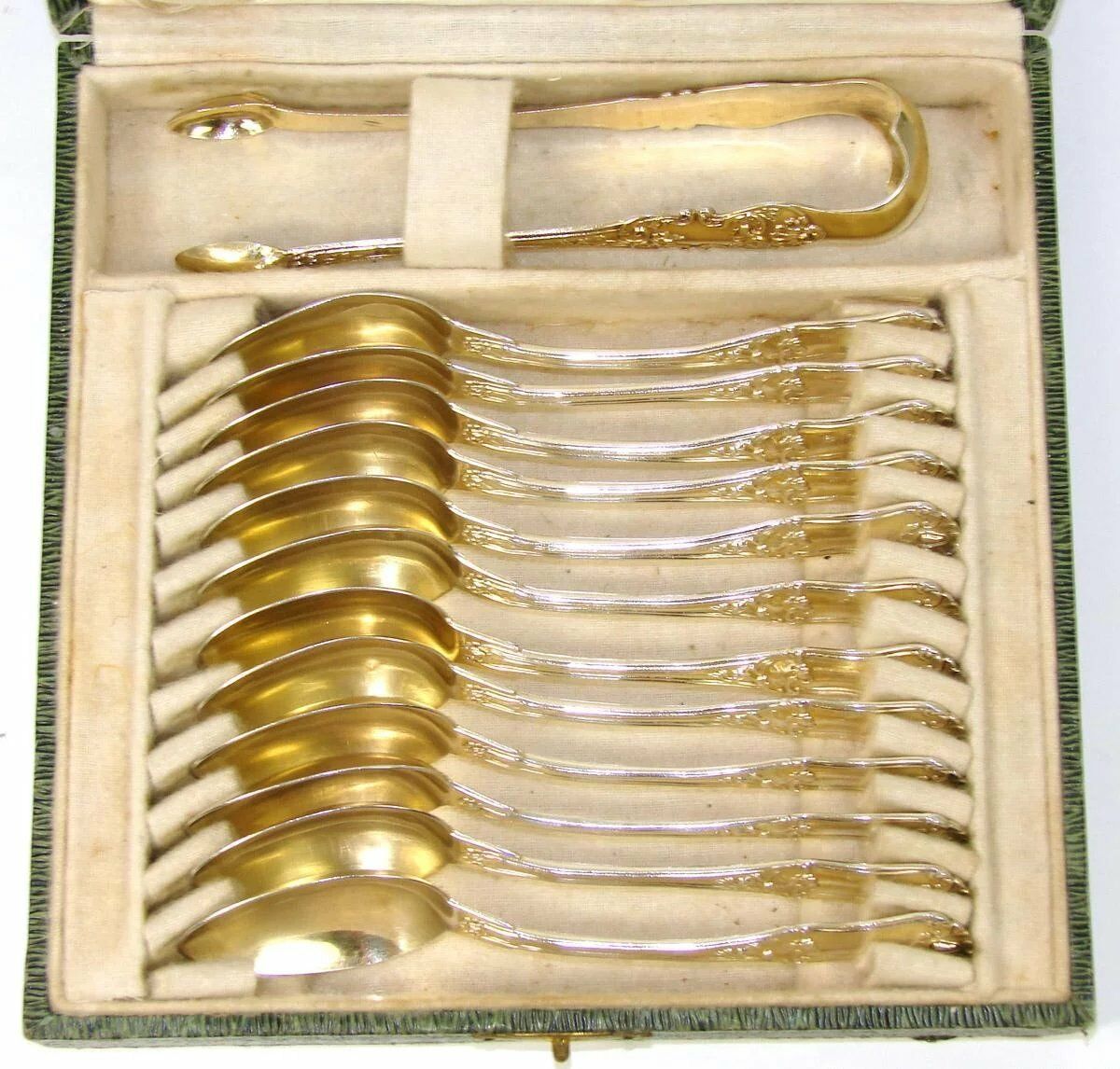 Antique French 18K Gold Vermeil on Sterling Silver 13p Tea Set, Teaspoons & Tong