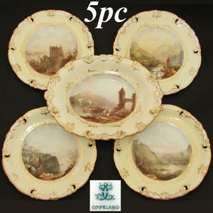 Antique W.T. Copeland 5pc Cabinet Plate & Serving Dish Set, HP by Ball, c.1848
