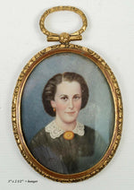 Antique Hand Painted French Portrait Miniature in Locket Style Frame, c. 1850
