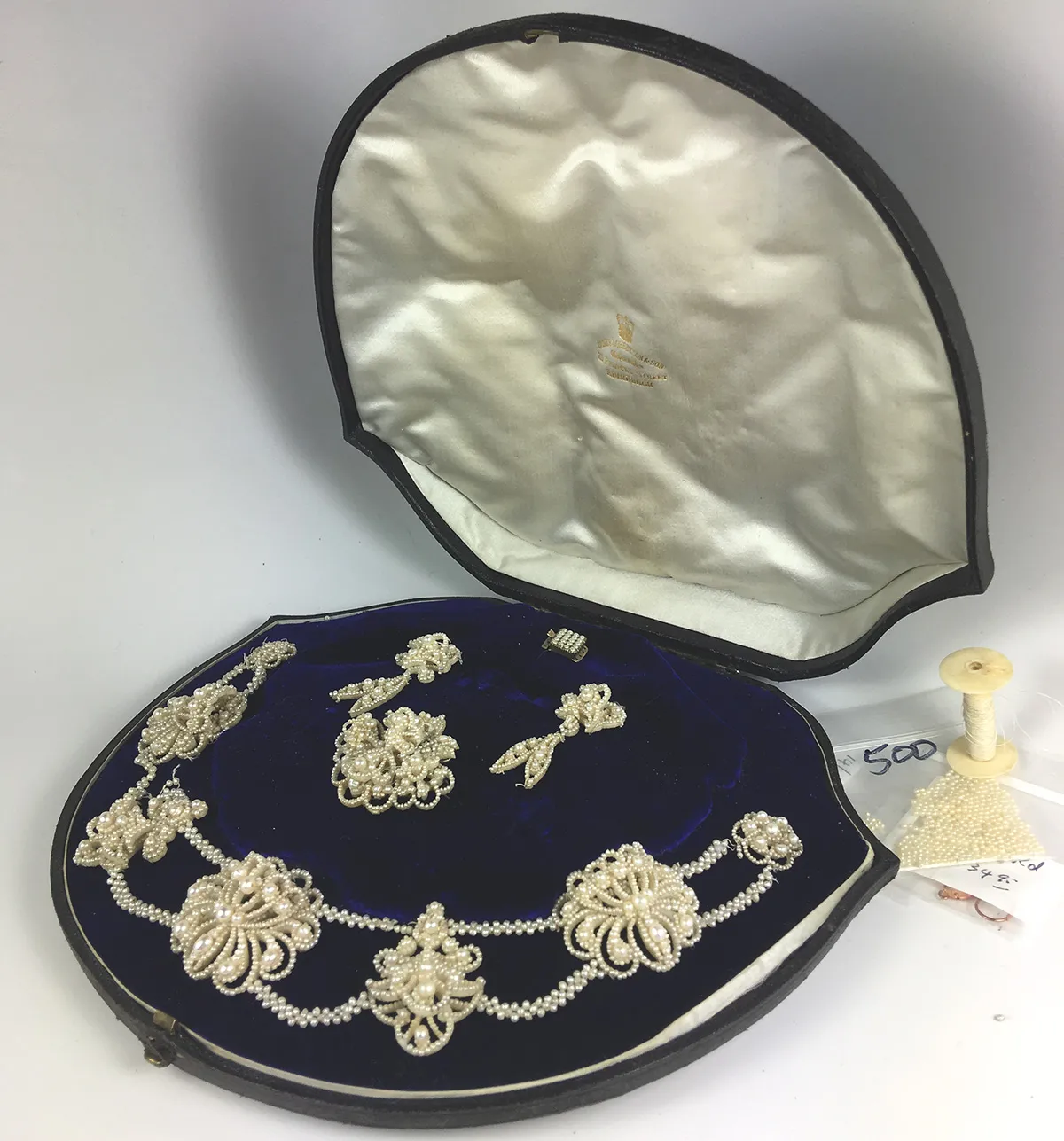 Antique Georgian to Early Victorian 18k Seed Pearl Parure, Box, Necklace, Brooch