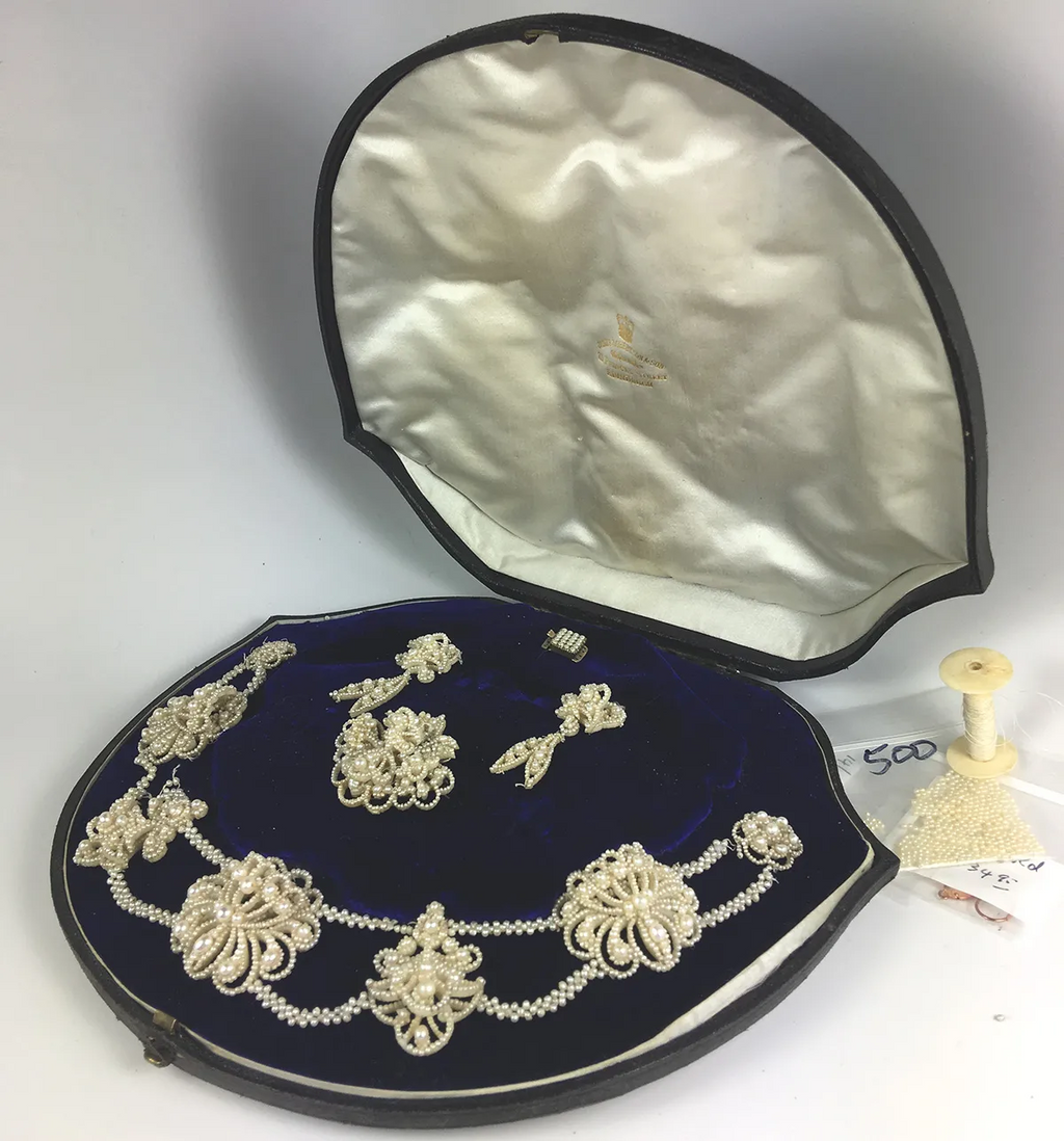 Antique Georgian to Early Victorian 18k Seed Pearl Parure, Box, Necklace, Brooch