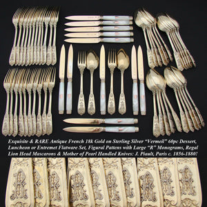 RARE 60pc Set Antique French Vermeil 18k Gold on Sterling Silver Flatware Set, Ornate