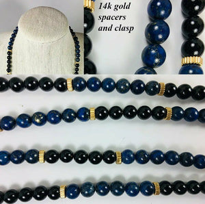 Vintage Hand Carved Lapis Lazuli and Jet Bead Necklace 32" Long, 14k Gold, Too