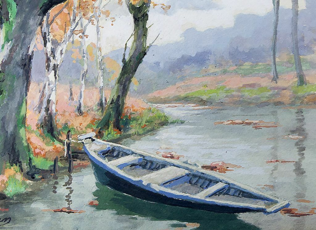 Vintage Watercolor Painting in Frame, Serenity - Lake Pastoral with Boat