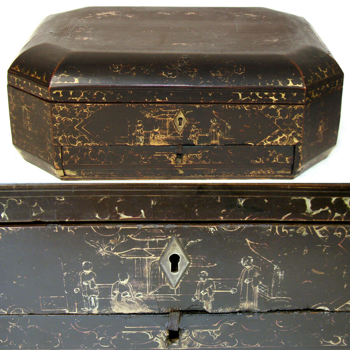 Antique Victorian Era Chinese Export Lacquer 14" Sewing Box, Chest with Fittings