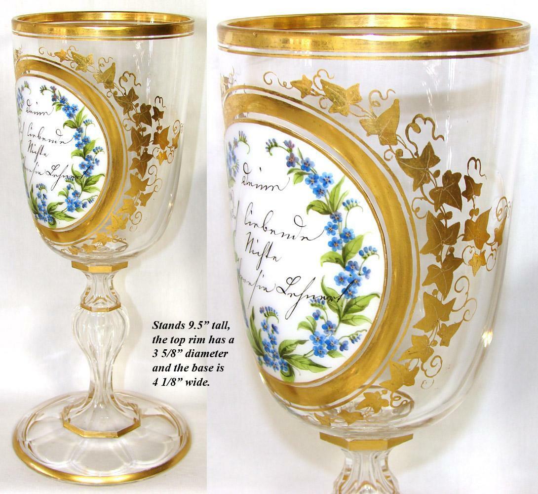 Antique Bohemian 9.5" Cug Glass Goblet, Layered Glass Medallion & HP Gold Enamel